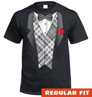 Tuxedo with Tartan Vest & Red Rose Adults T-Shirt (Black)