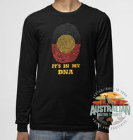 Man wearing our Aboriginal Flag It's In My DNA Thumbprint design on a black longsleeve t-shirt