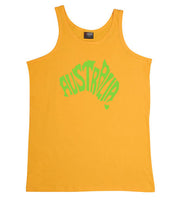 Australia in Map Shape Mens Singlet (Yellow Gold with Green Print)