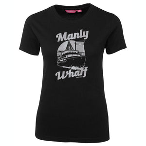 Manly Wharf Ferries Ladies T-Shirt (Black, Silver Print, Shortsleeve)